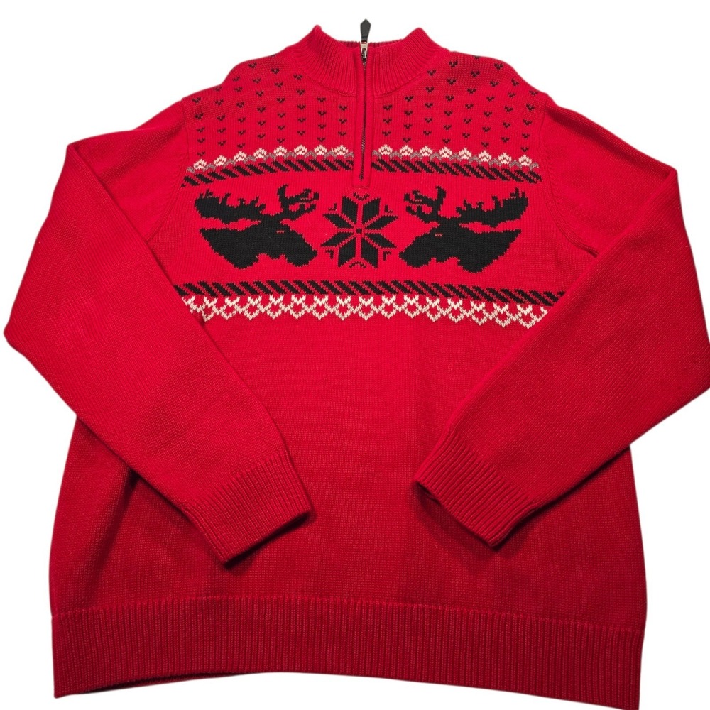 Chaps‎ Men's L Fair Isle Quarter Zip Sweater Red Moose Holiday Preppy